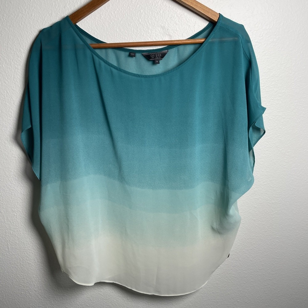 GUESS Women's S Teal Ombre Blouse Boho Chic Sheer Chiffon Oversized